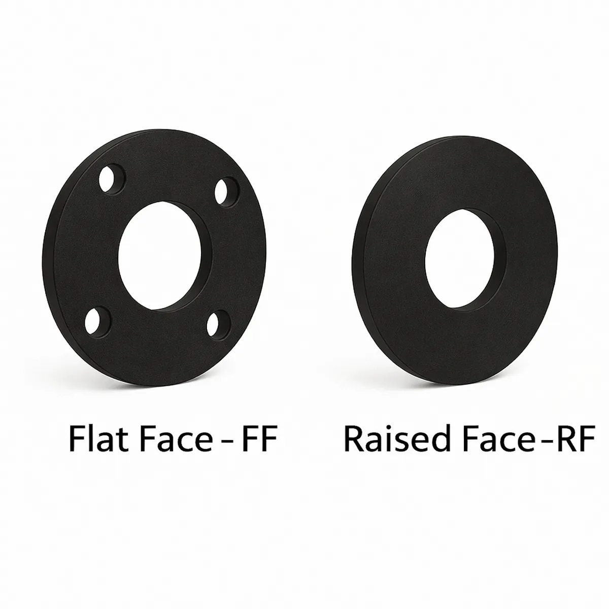 Comparativa de juntas de caucho para bridas: junta Flat Face (FF) con taladros para tornillería y junta Raised Face (RF) sin taladros.