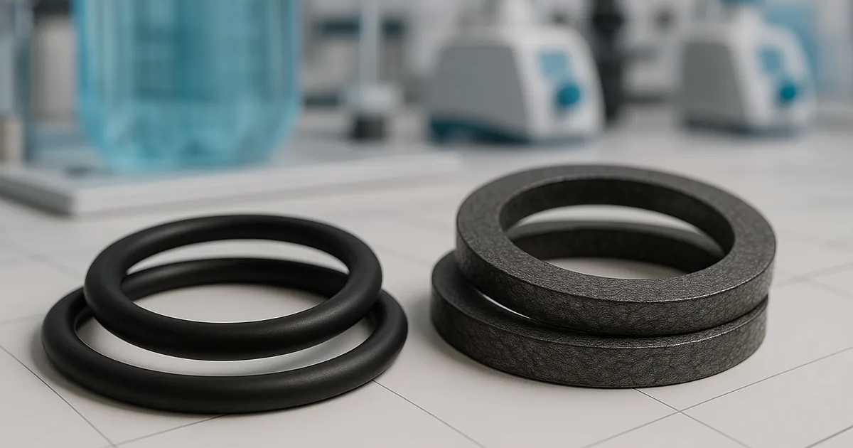 Juntas de EPDM y grafito sobre mesa de laboratorio de tratamiento de aguas.