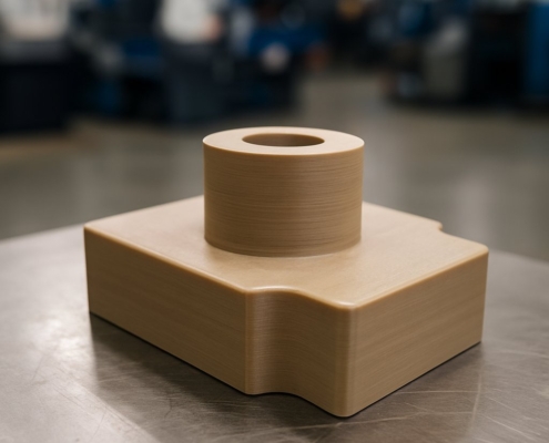 pieza mecanizada en PEEK sobre mesa de trabajo industrial