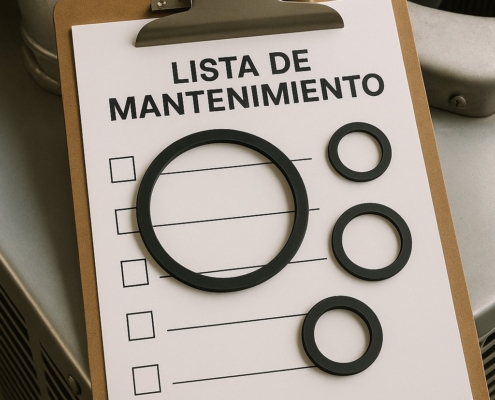 Vista cenital de una carpeta con lista de mantenimiento y muestras de juntas de goma, de fondo sistemas HVAC.