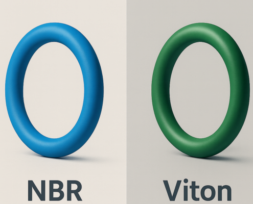 Imagen comparativa de una junta de NBR azul y una junta de Viton verde.