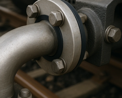 Detalle de una junta compacta de caucho negro instalada en una brida metálica de tubería en un equipo ferroviario.