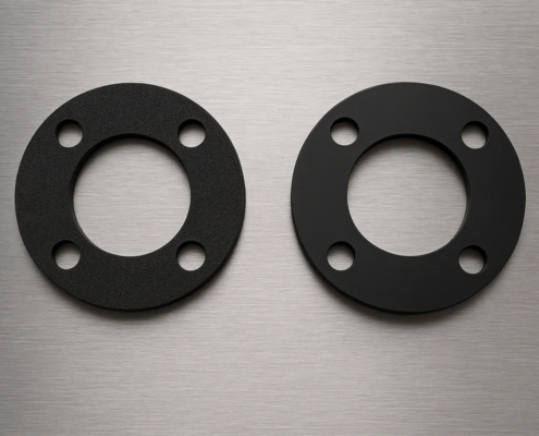 Junta de EPDM celular y junta de EPDM compacto sobre una superficie de acero inoxidable, mostrando claramente la diferencia de textura entre ambos materiales.