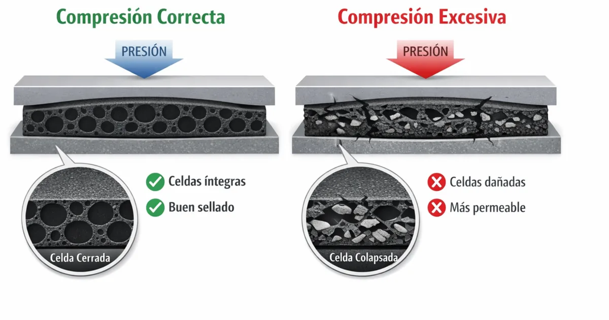Compresión correcta vs compresión excesiva en caucho celular de celda cerrada utilizado en juntas y perfiles de sellado