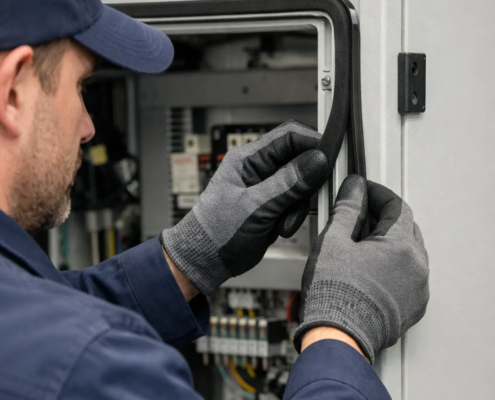 Operario instalando perfil de caucho celular para sellado de puerta en armario eléctrico industrial