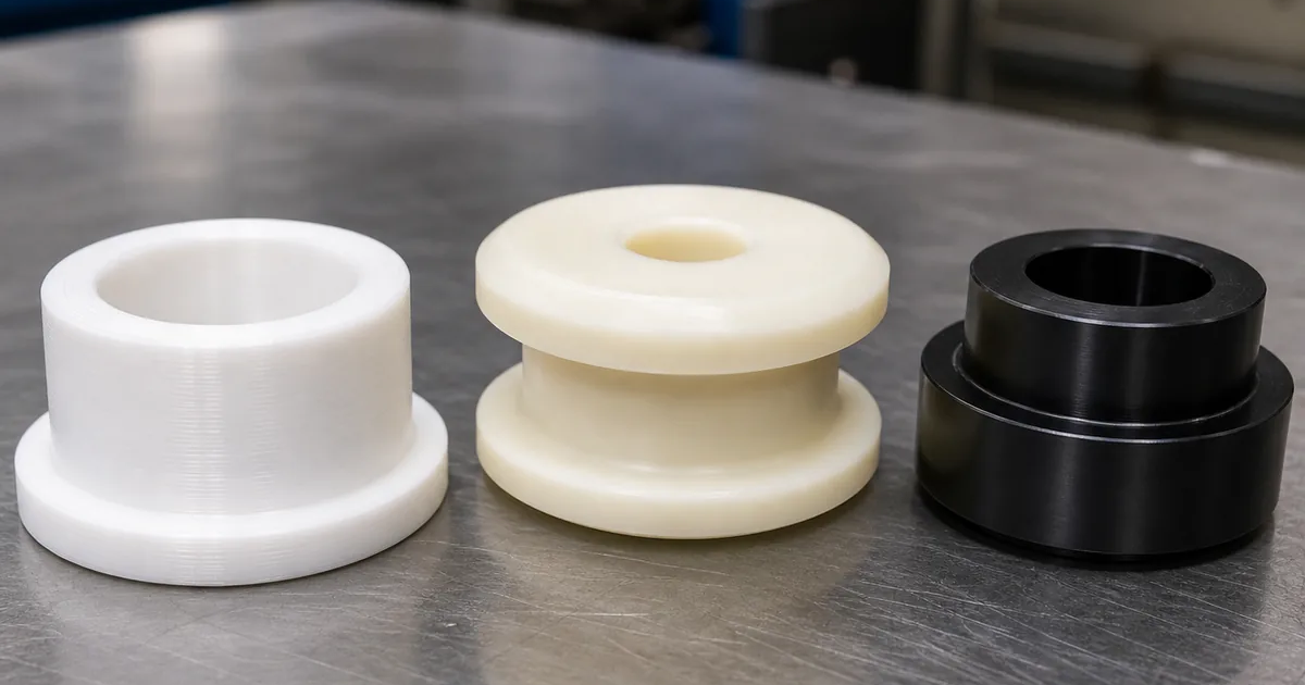 Mecanizados en plástico técnico en PTFE Nylon y POM sobre mesa industrial