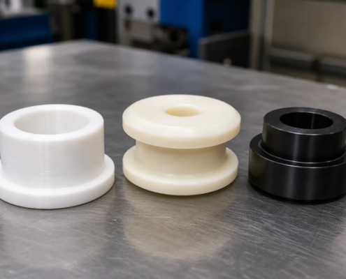 Mecanizados en plástico técnico en PTFE Nylon y POM sobre mesa industrial